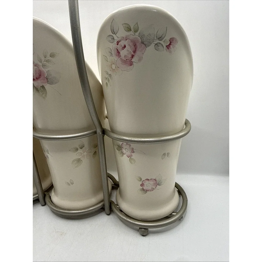 Pfaltzgraff TEA ROSE Flatware Caddy Silverware Utensil Holder With Stand.